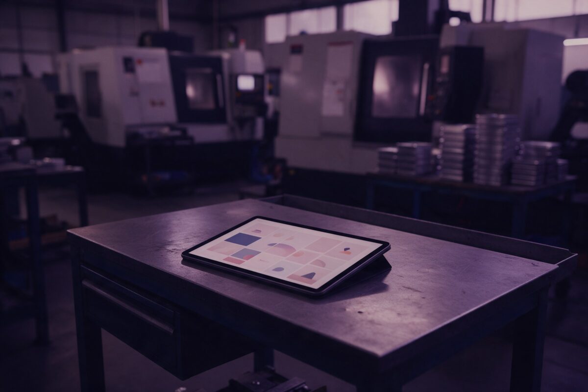 CNC tezgâhları ve düzenli istiflenmiş metal parçaların olduğu üretim holünde çelik tezgâh üzerinde soyut ürün kataloğu ızgarası gösteren tablet