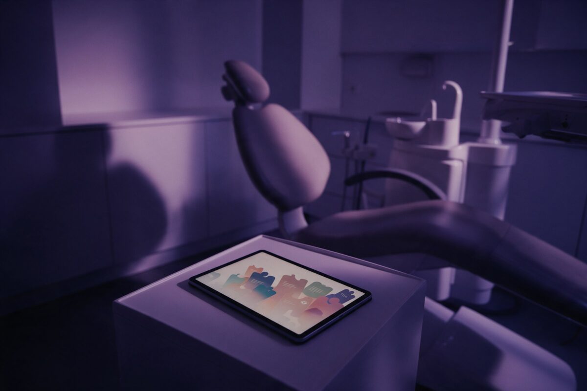 Modern bir diş kliniği muayene odasında boş hasta koltuğu ve yan masada soyut çok dilli mesaj kartları gösteren tablet