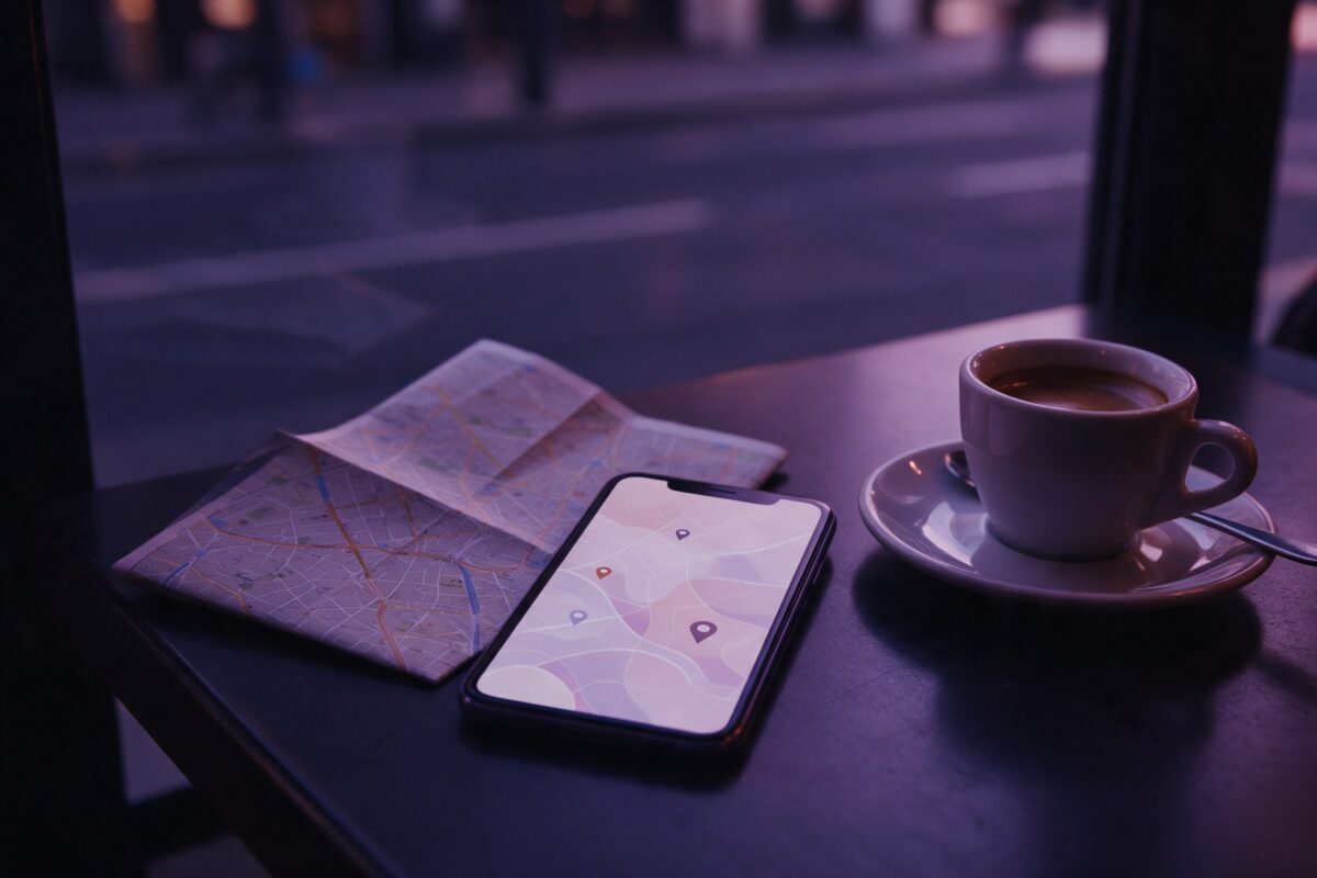 Kafe masasında soyut harita arayüzü ve birkaç konum işareti gösteren telefon, yanında katlanmış kâğıt şehir haritası ve espresso fincanı