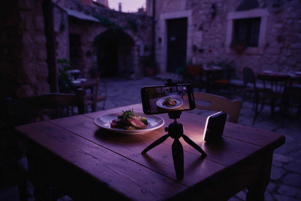 Akşam taş avlulu bir restoranda ahşap masadaki tabağı küçük tripod üzerindeki telefonla çeken düzenek ve yanında küçük ışık paneli