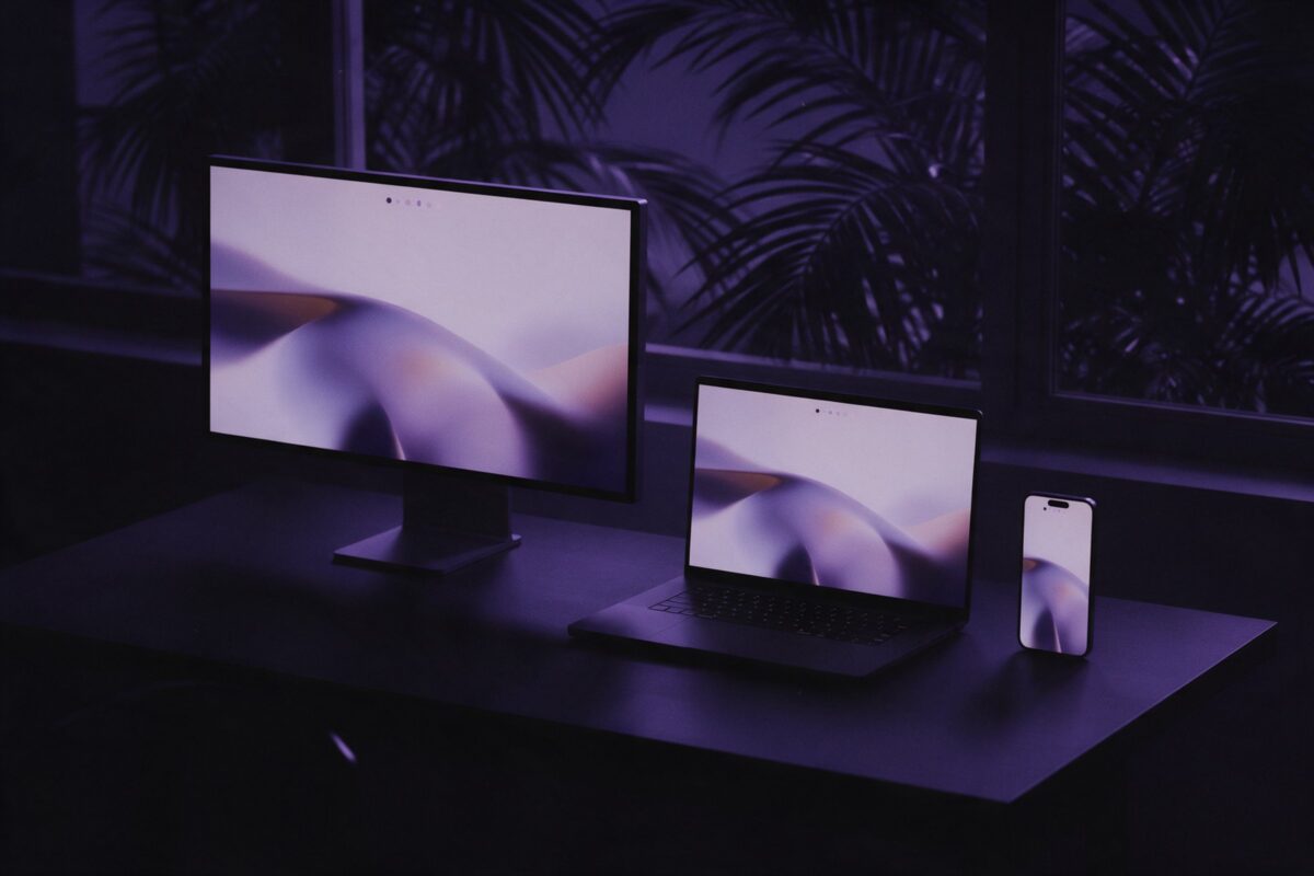 Gece pencere kenarındaki tasarım masasında monitör, dizüstü bilgisayar ve telefonda farklı boyutlarda aynı soyut web sitesi düzeni, dışarıda palmiye yaprakları