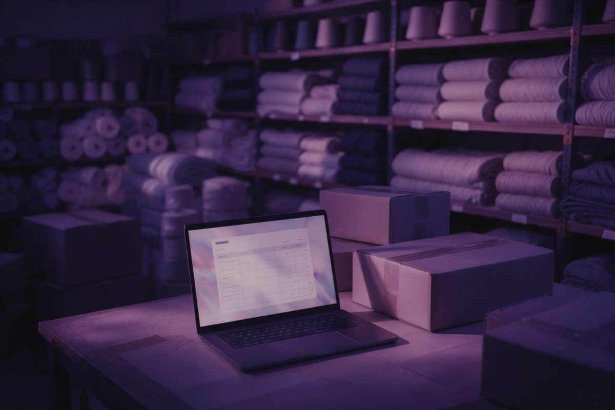 Düzenli istiflenmiş kumaş topları ve iplik bobinleri olan bir tekstil deposunda paketleme masasında soyut toptan sipariş formu gösteren dizüstü bilgisayar ve kapalı koliler