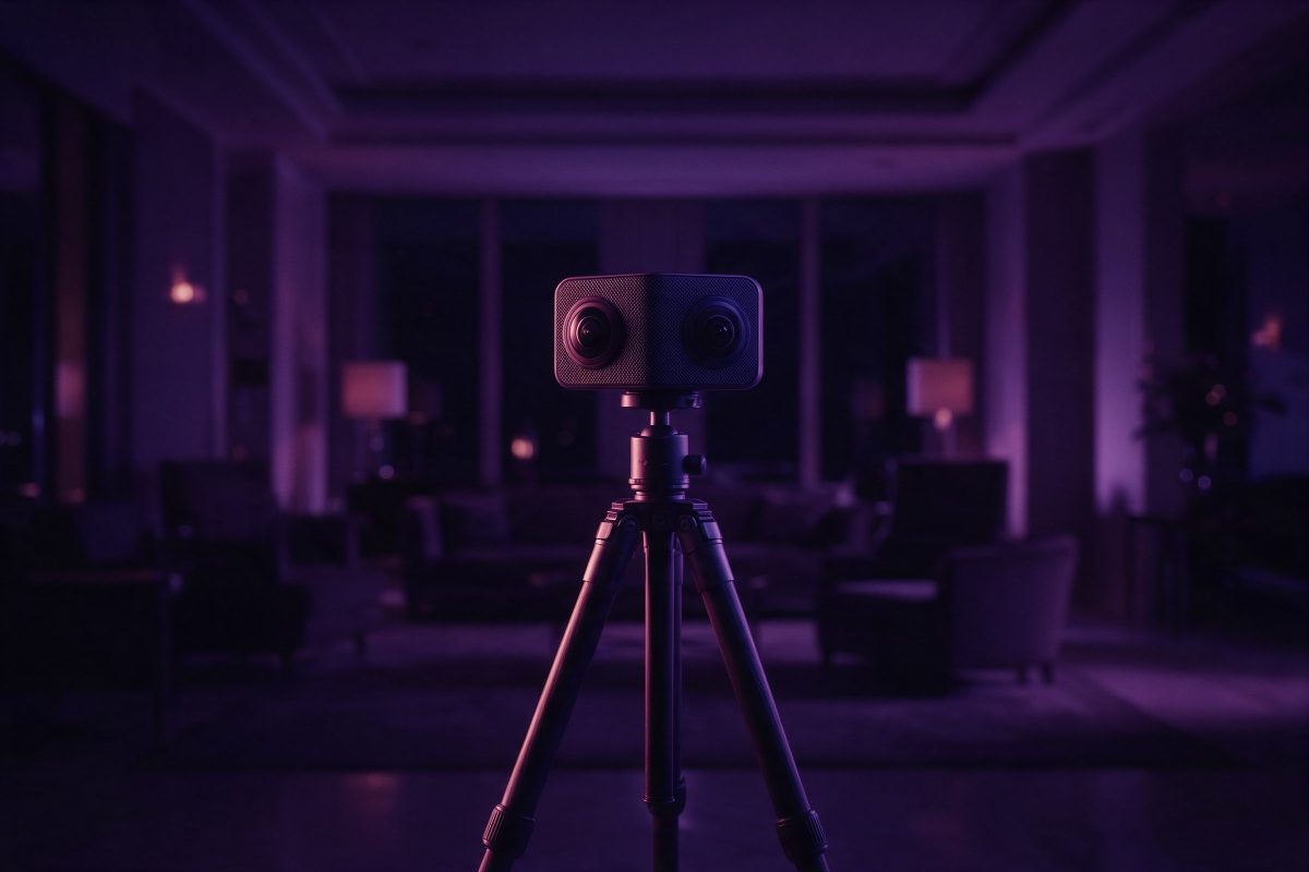 Gece boş ve şık bir otel lobisinin ortasında tripod üzerindeki 360 derece kamera