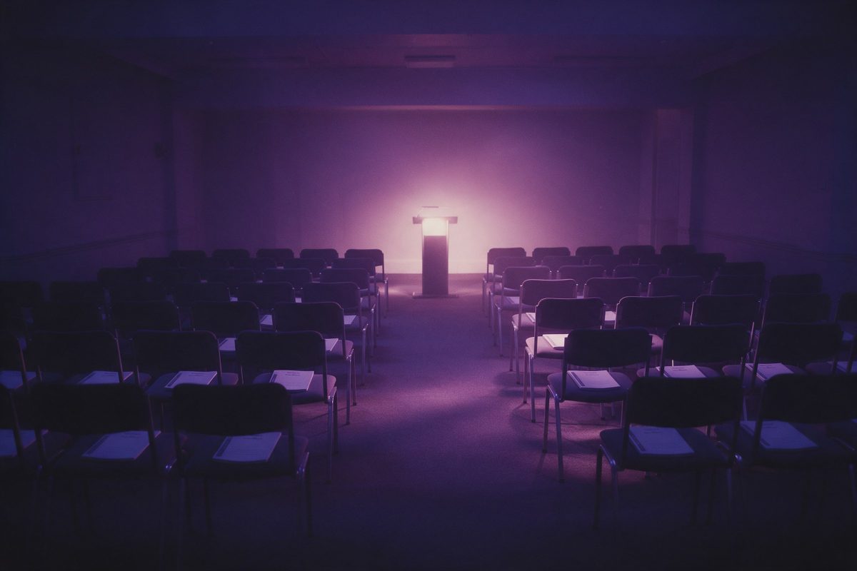 Gece sıra sıra sandalyeler ve önde aydınlatılmış kürsüyle seminer salonu