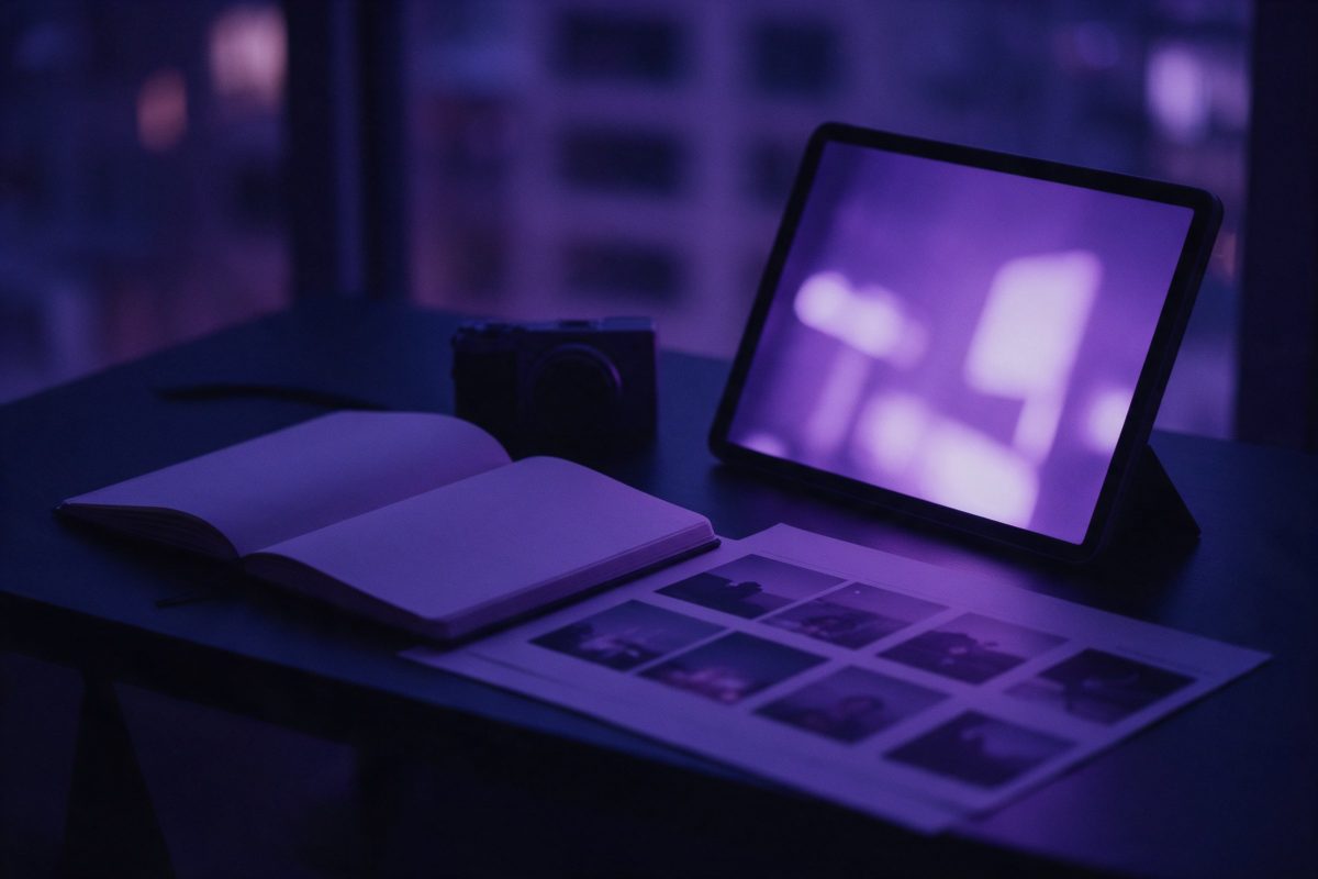 Masada açık boş defter, fotoğraf makinesi, tablet ve sıralı baskı prova kareleri