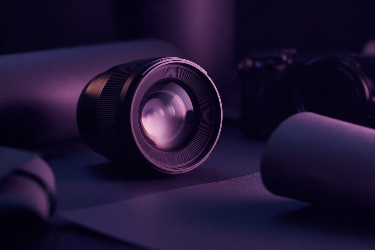 Karanlık stüdyoda lila yansımalı fotoğraf makinesi objektifi