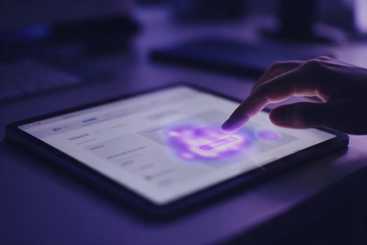 Tablet ekranındaki bir düğme çevresinde yoğunlaşan mor ısı lekesine uzanan parmak