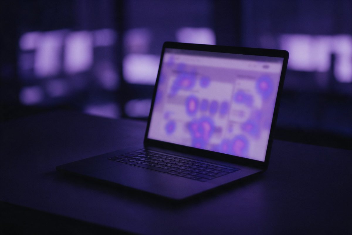 Ekranında bulanık bir web sayfası üzerine mor tonlarda ısı lekeleri düşen dizüstü bilgisayar