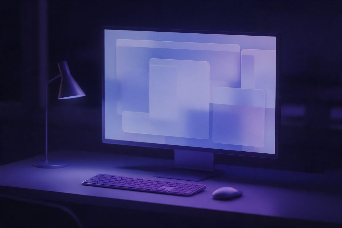 Gece büyük monitöründe soyut uygulama pencereleri açık masaüstü bilgisayar