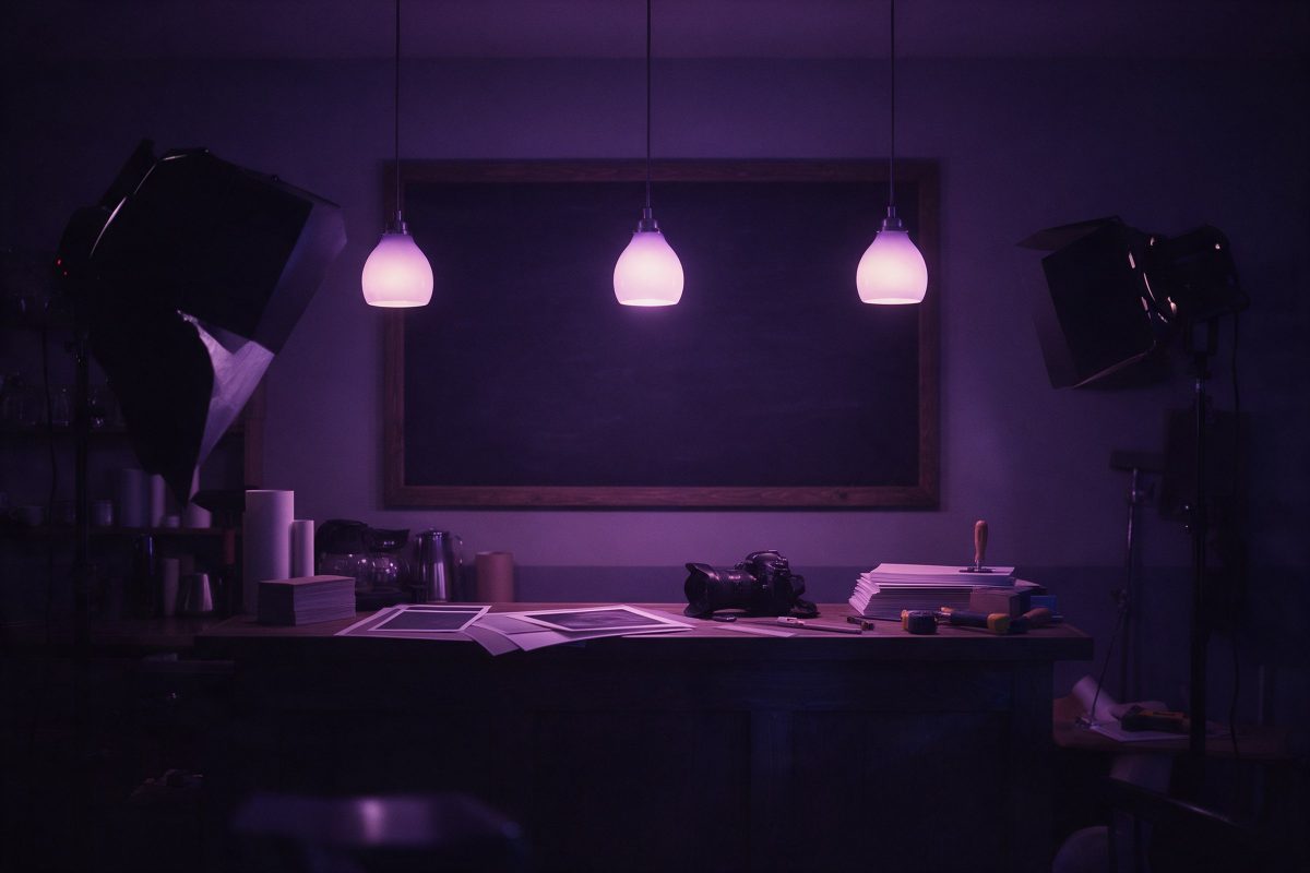 Gece kafe tezgâhının üstünde boş koyu bir menü panosu ve sarkıt lambalar