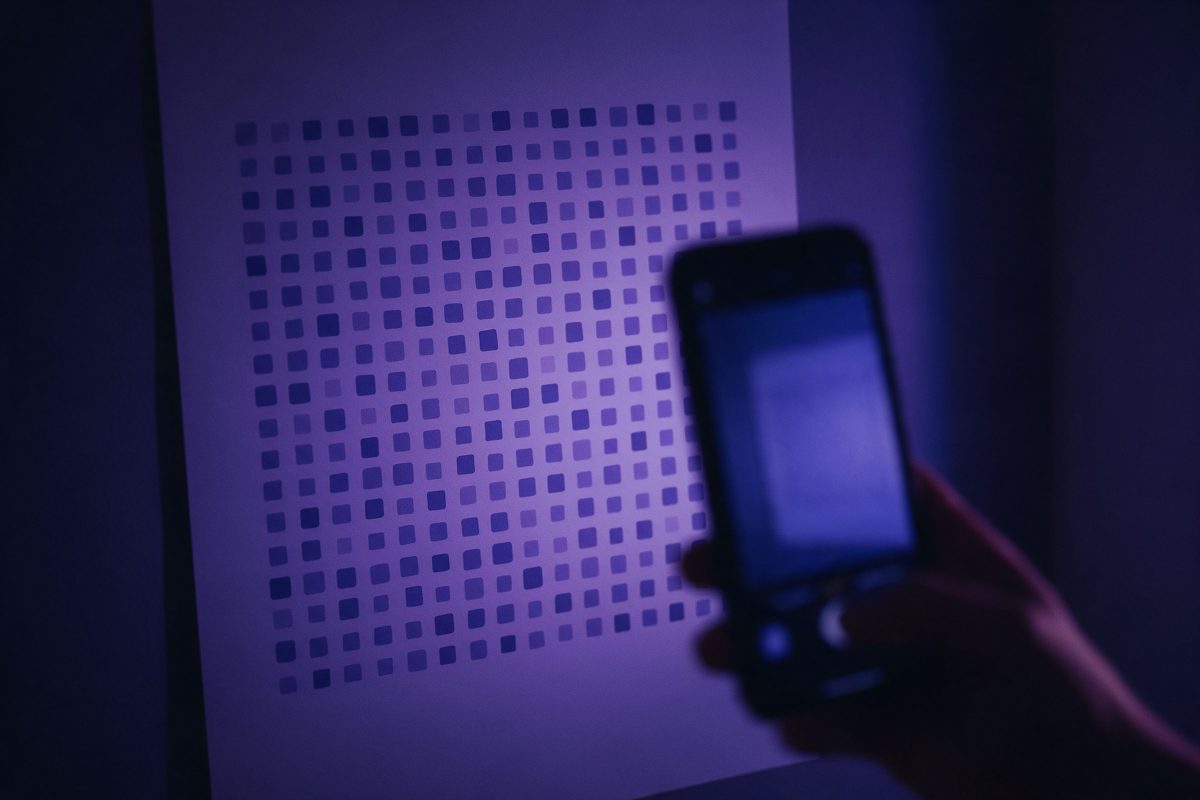 Karanlık duvardaki kare nokta desenli afişi telefonla okutan el