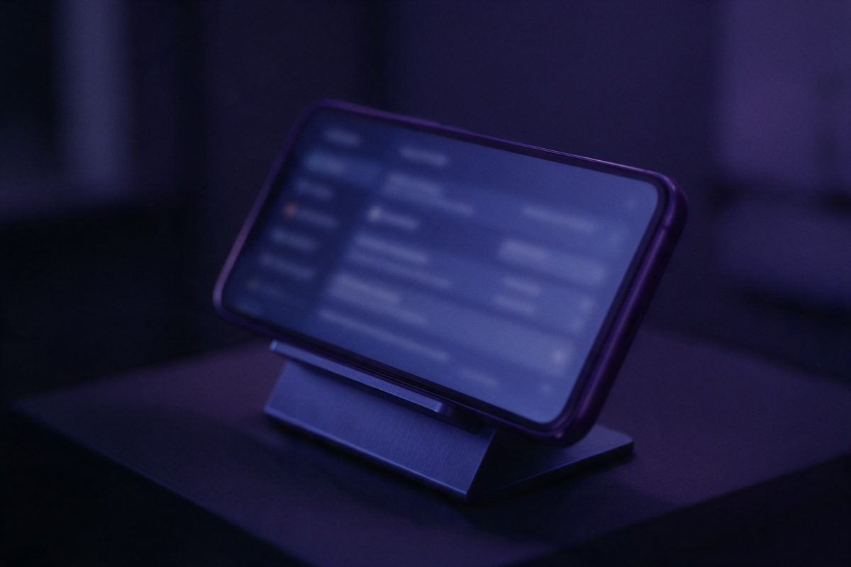 Stand üzerinde, ekranında bulanık bir menü listesi görünen telefon
