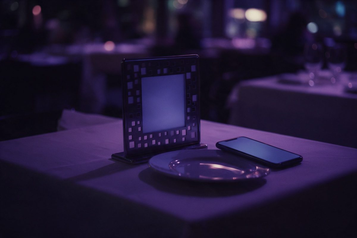 Gece restoran masasında kare desenli masa standı, tabak ve telefon