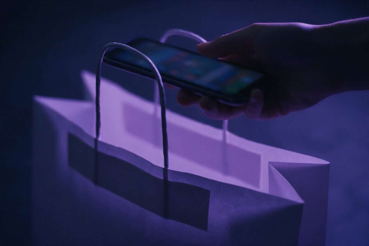 Kâğıt alışveriş poşetinin üzerinde telefon tutan el