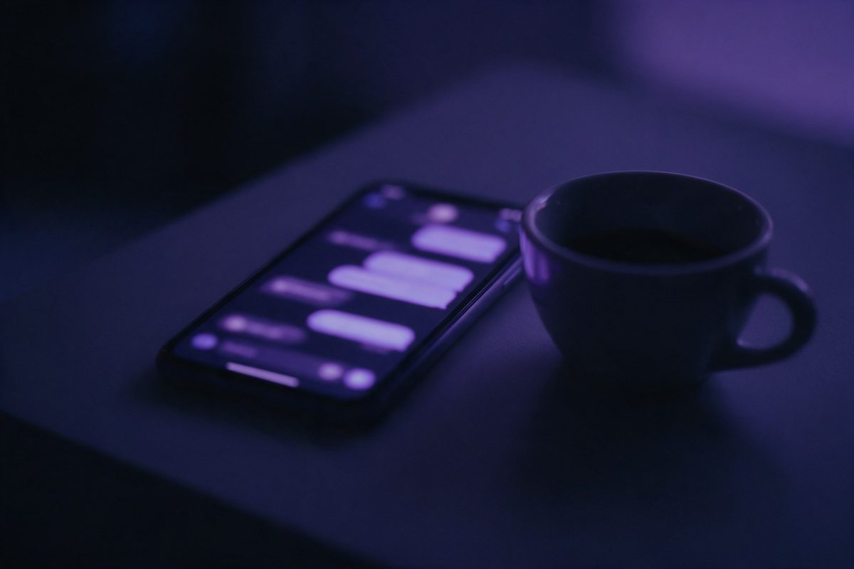 Ekranında bulanık mesaj balonları görünen telefon ve yanında fincan