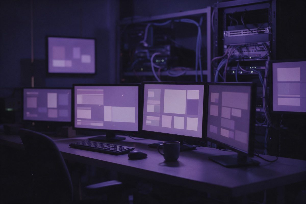 Gece birkaç monitörde soyut durum panelleri açık sakin bir operasyon masası