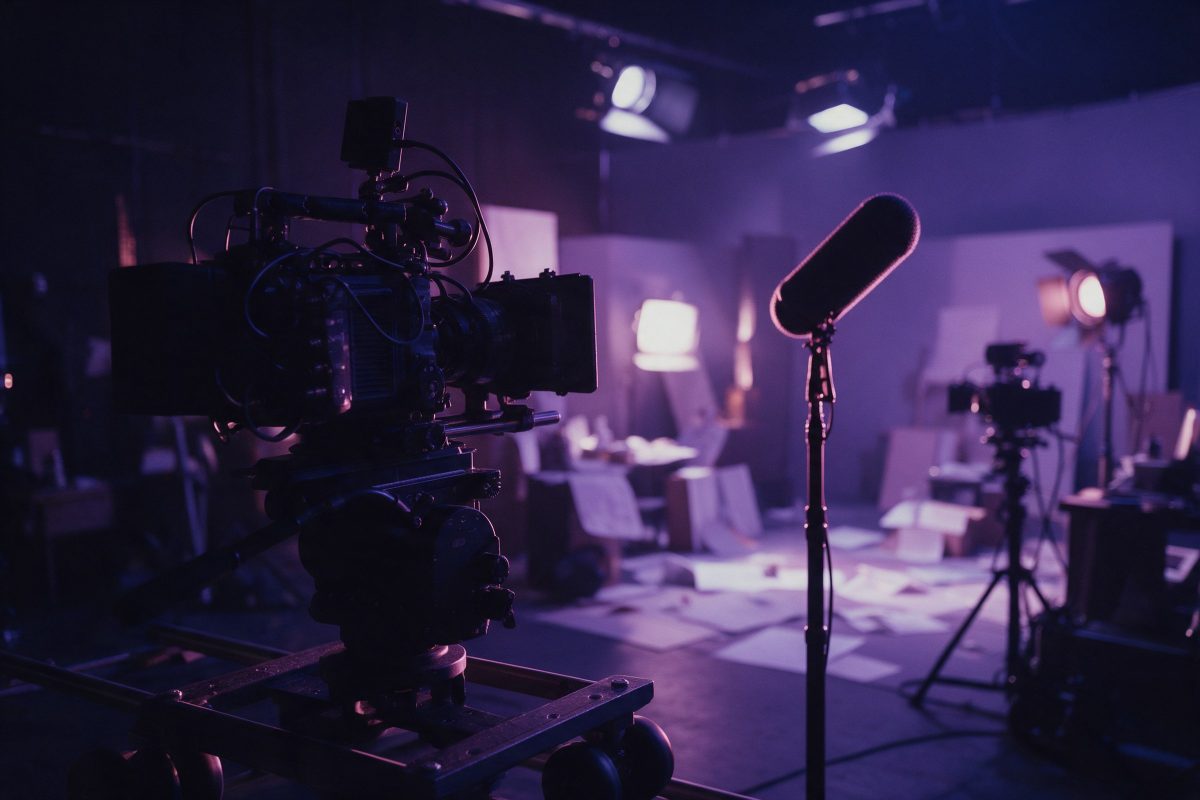 Gece aydınlatılmış boş set, dolly üzerindeki sinema kamerası ve boom mikrofon