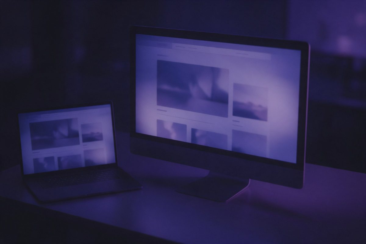 Masada soyut bir web sitesi düzeni gösteren dizüstü bilgisayar ve büyük monitör