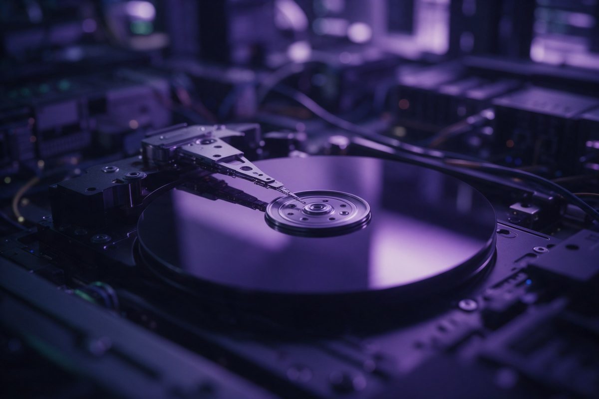Mor yansımalı sabit disk plakası ve okuma kolu