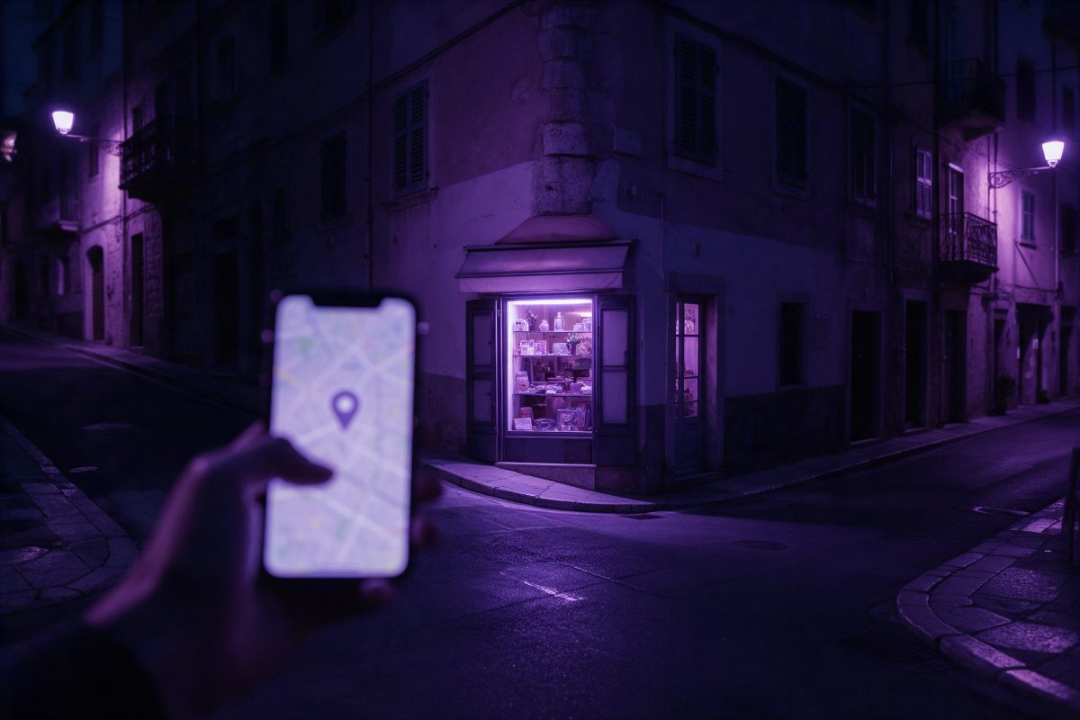 Gece eski bir sokak köşesinde ışıklı dükkân vitrini ve harita açık telefonu tutan el