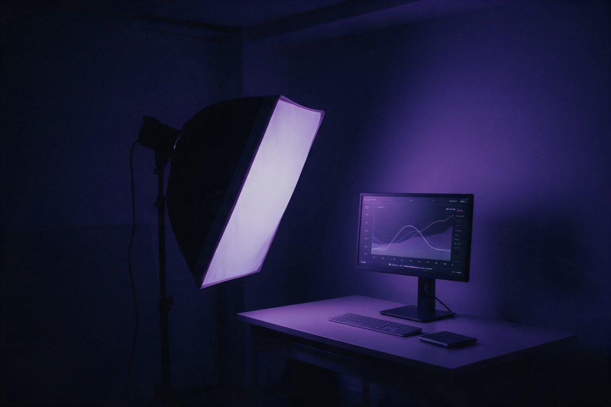 Aynı karanlık odada softbox ışıklı küçük bir çekim alanı ve grafik ekranı açık bir masa