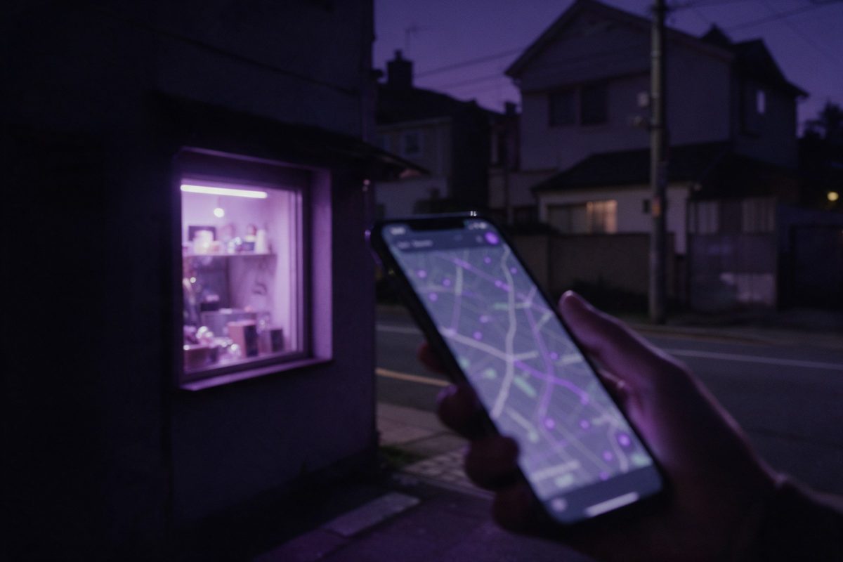 Gece sakin bir mahalle sokağında ışıklı küçük dükkân vitrini ve harita açık telefonu tutan el