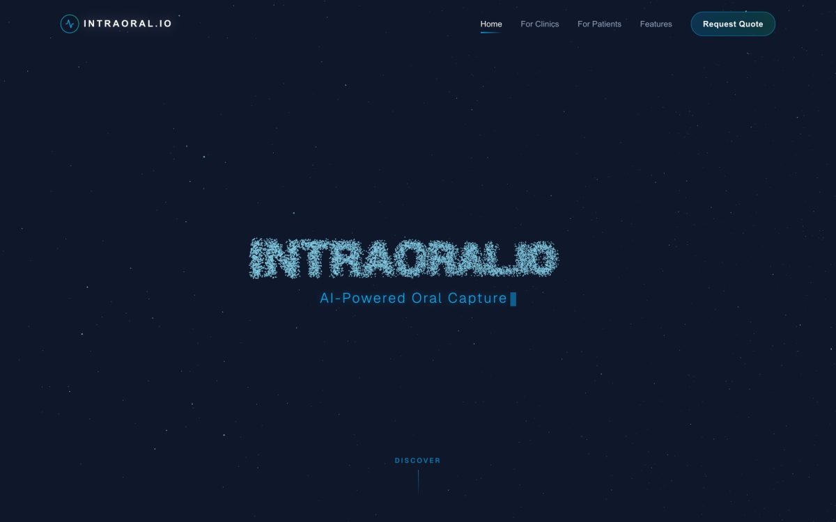Intraoral.io ana sayfasında ürün adı ve yapay zekâ destekli ağız içi yakalama başlığı