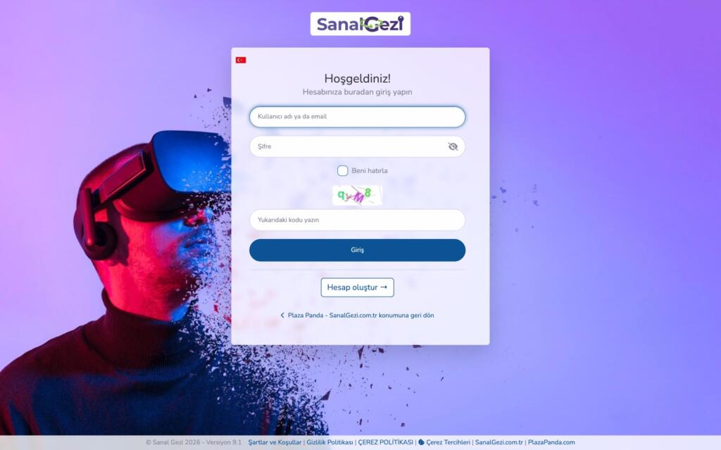 SanalGezi panelinin giriş ekranı: kullanıcı adı, şifre ve doğrulama kodu alanları.