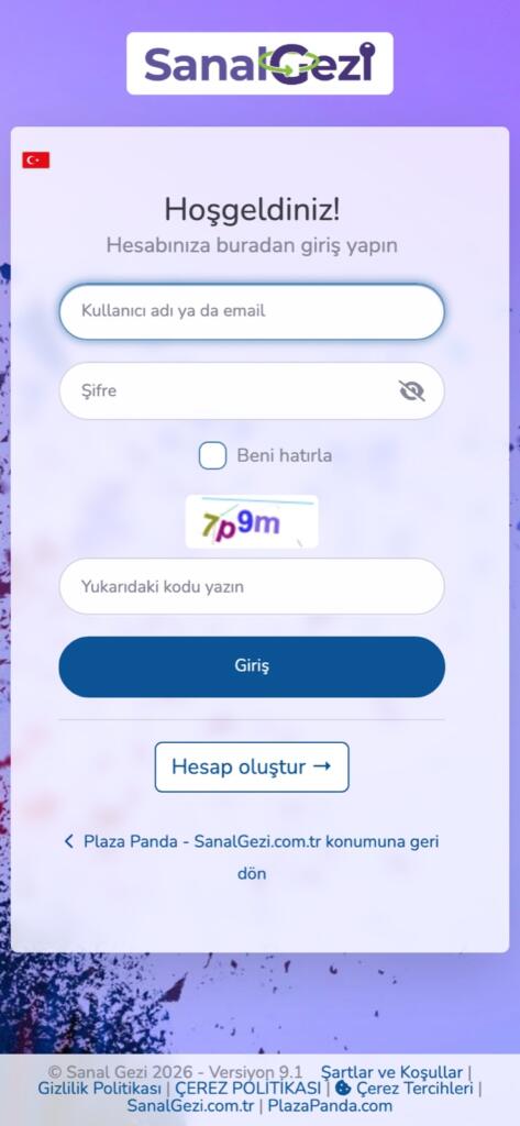 SanalGezi panel girişinin telefon görünümü.