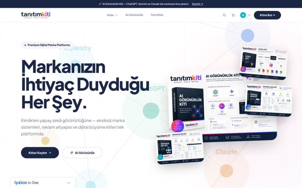 Tanıtım Kiti ana sayfası: kit kategorileri ve öne çıkan AI Görünürlük Kiti.