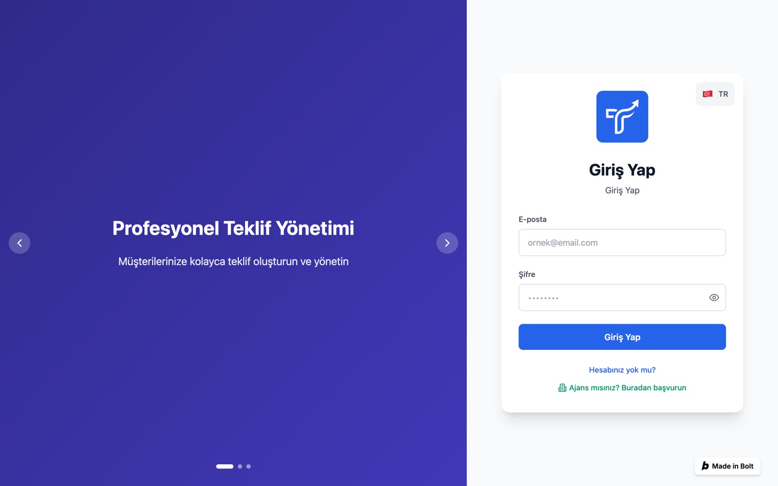 Teklifi portalının giriş ekranı: “Profesyonel Teklif Yönetimi” tanıtım paneli ve e-posta/şifre formu.