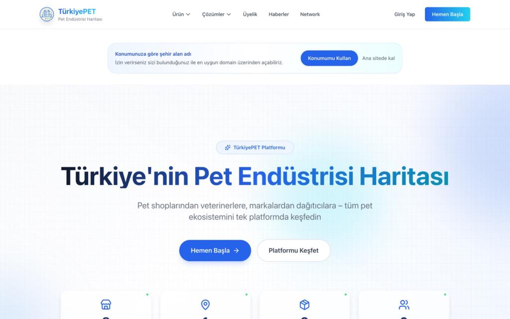 TürkiyePET ana sayfası: pet işletmelerini il ve kategoriye göre arama alanı.