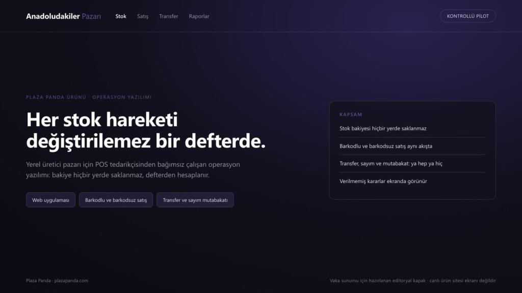 Ürün adı, sade menü ve “Her stok hareketi değiştirilemez bir defterde” başlığından oluşan kapak