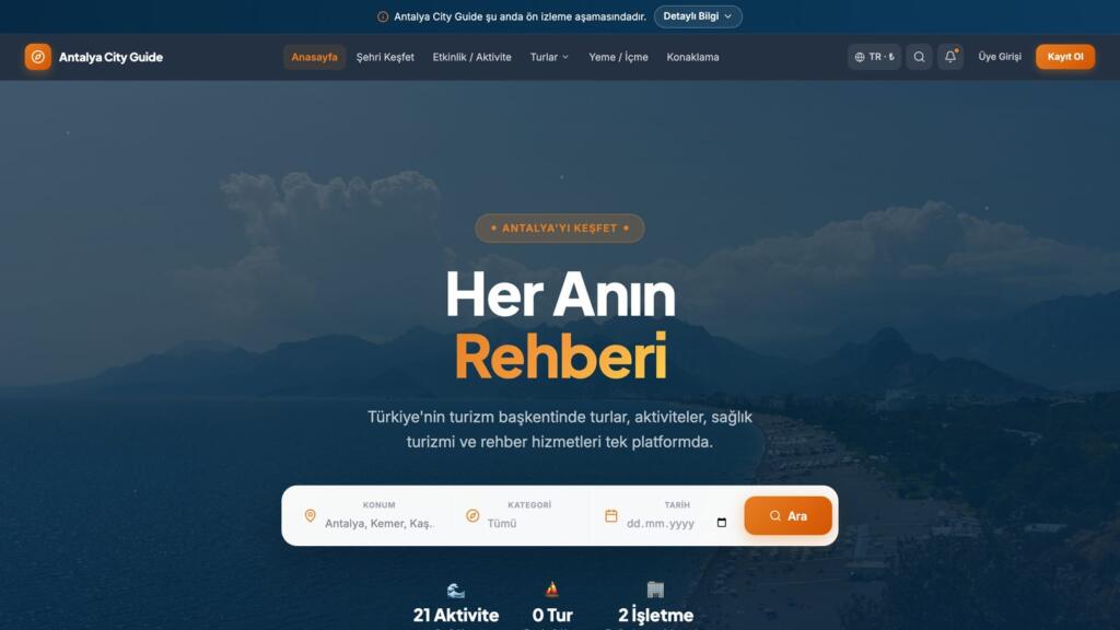 Ana sayfanın üst bölümünde marka, menü, arama kutusu ve platform sayaçları