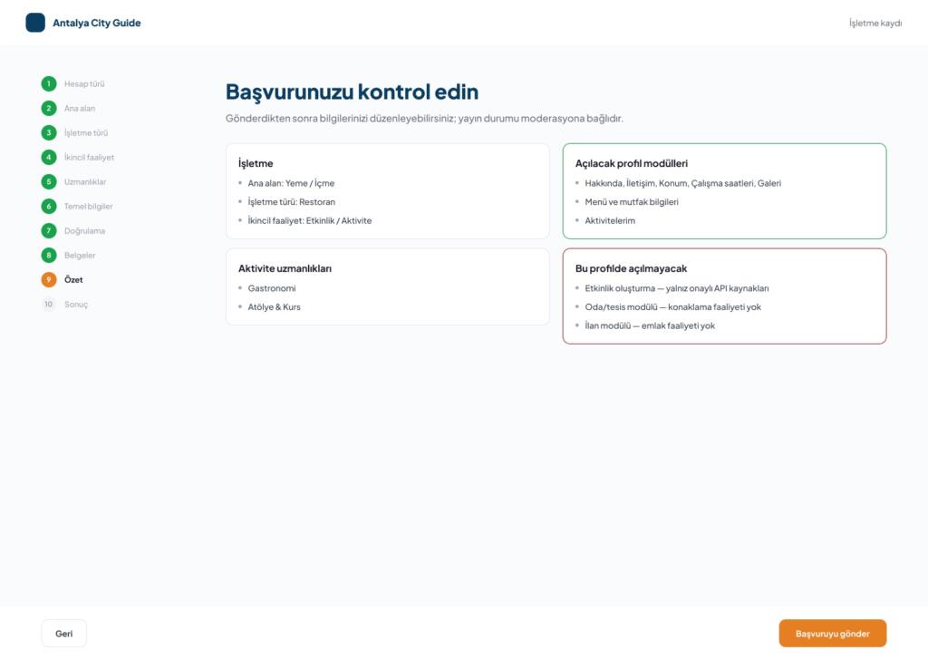 İşletme üyelik akışının başvuru özeti adımının tasarım ekranı