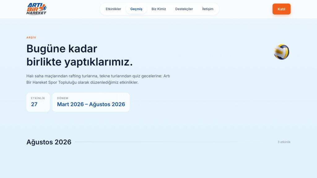 Geçmiş etkinlikler sayfasının üst bölümünde marka, menü ve dönem sayaçları