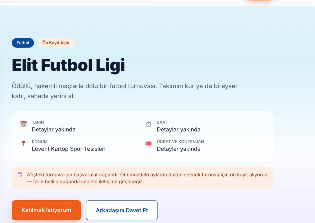 Etkinlik detay sayfasında tarih, saat, konum ve kontenjan alanları ile katılım düğmeleri