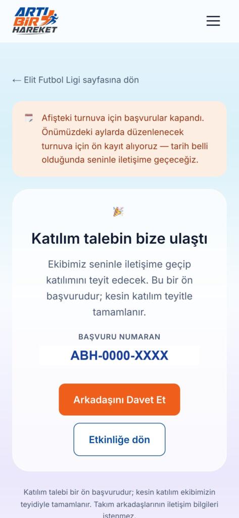 Mobil ön kayıt onay ekranında başvuru numarası örnek değerle gösteriliyor