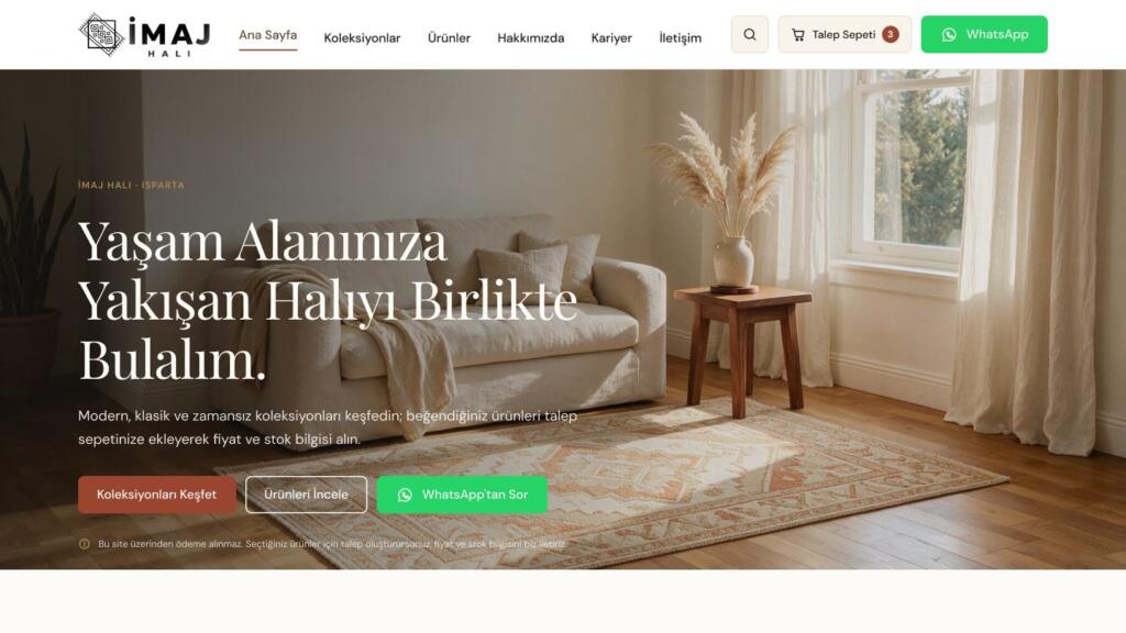 Ana sayfanın üst bölümünde marka, menü, talep sepeti ve tanıtım başlığı