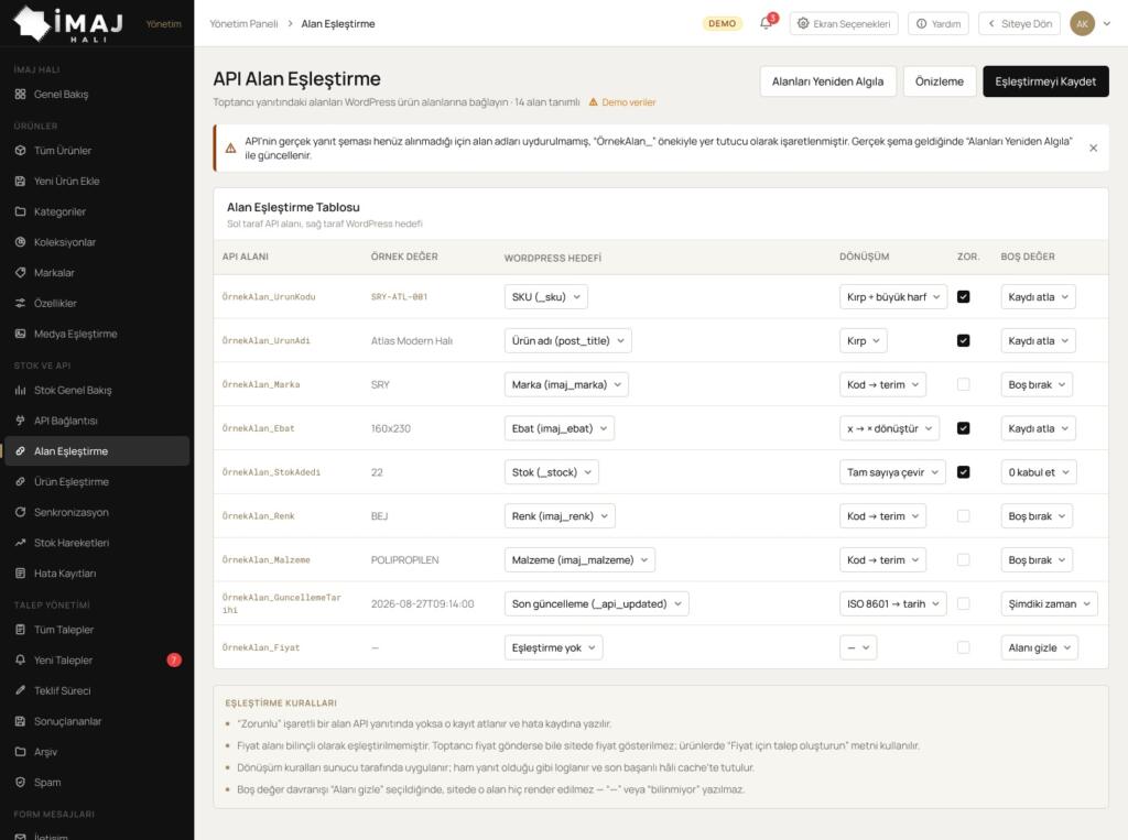 Yönetim panelinde toptancı API alanlarının dahili alanlarla eşleştirildiği ekran