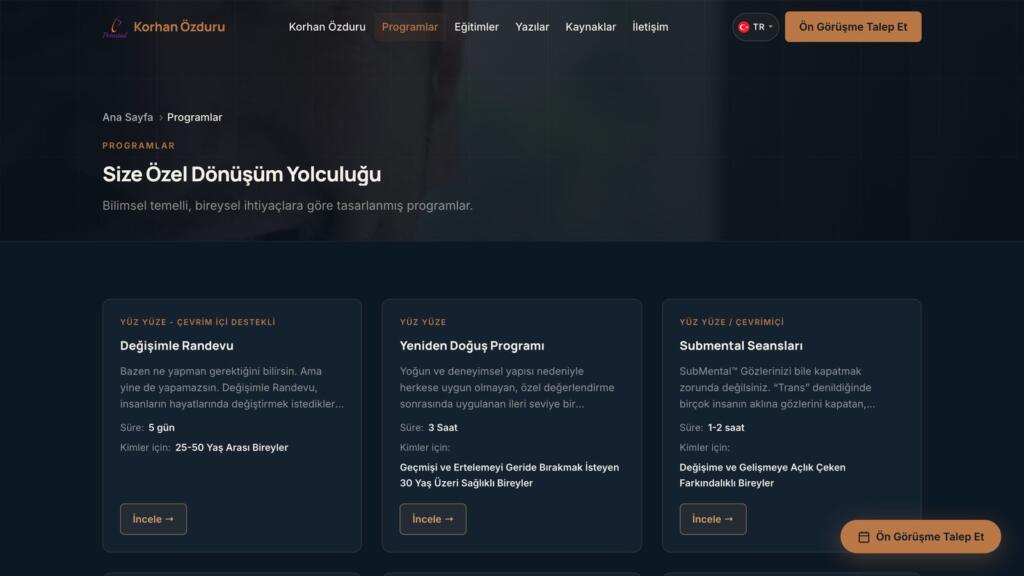 Programlar sayfasının üst bölümünde marka, menü ve bölüm başlığı