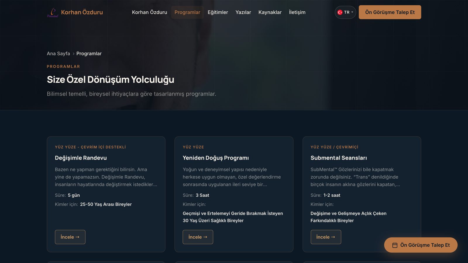 Programlar sayfasının üst bölümünde marka, menü ve bölüm başlığı