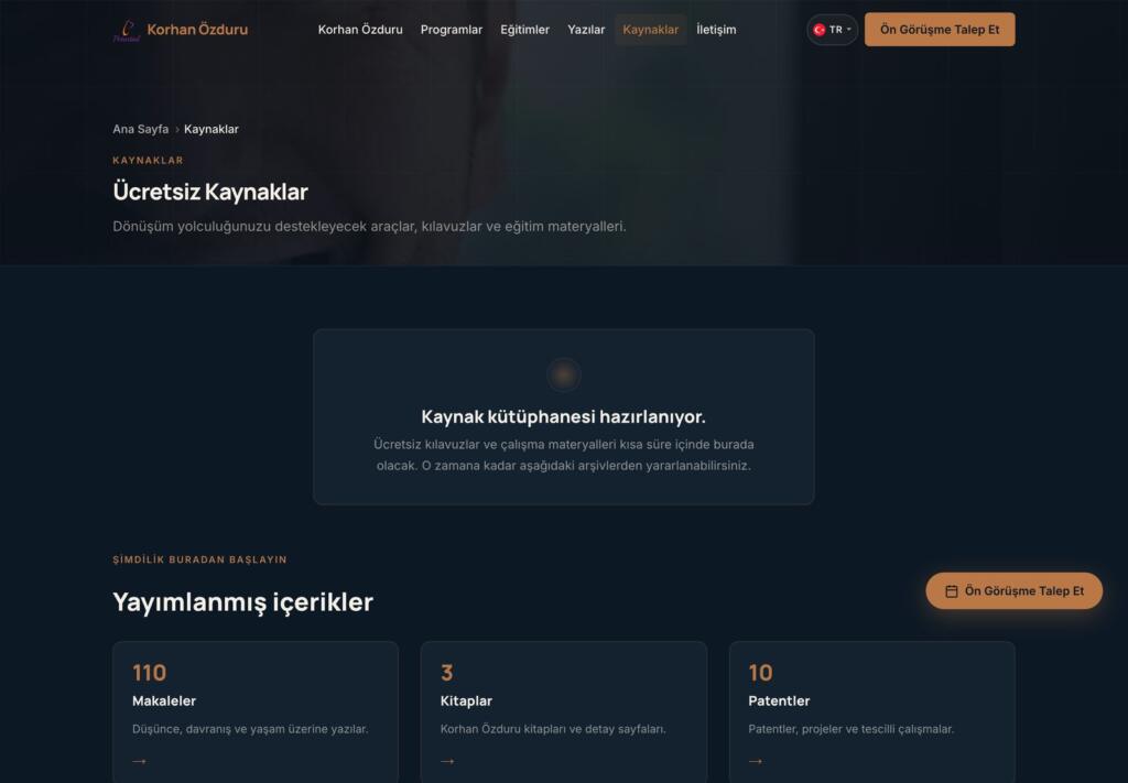 Kaynaklar sayfasında makale, kitap, patent, bilimsel yayın, podcast ve video arşivlerinin sayıları