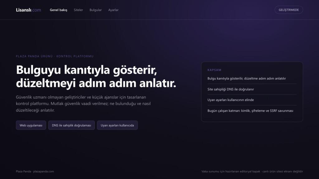 Ürün adı, sade menü ve “Bulguyu kanıtıyla gösterir, düzeltmeyi adım adım anlatır” başlığından oluşan kapak