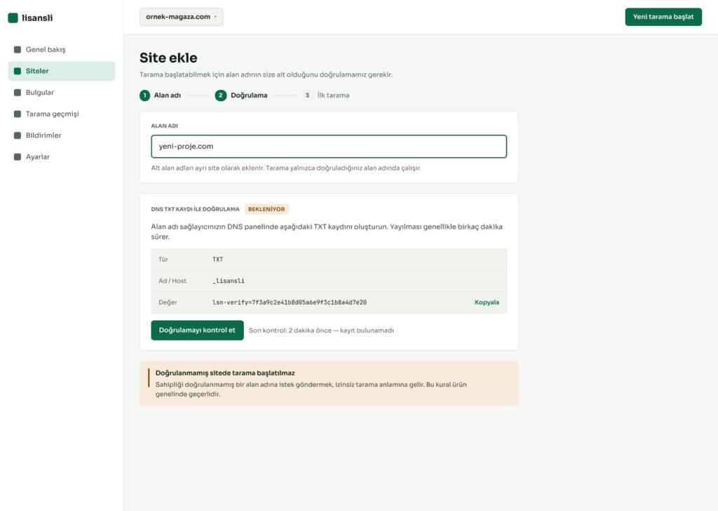 Site ekleme ekranında DNS TXT kaydıyla sahiplik doğrulama adımı